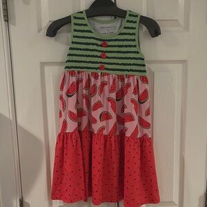 Watermelon Print Tiered Girls Dress - Green & Pink